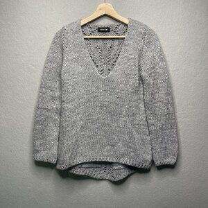 V-Neck Gray Knit Sweater With Lace Back Design By Vitrin  Wool & Acrylic Blend S
